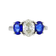 1.52ct Premier Oval Brilliant Diamond and 2.27ct Sri Lankan Oval Sapphire 3 Stone Ring in Platinum, Size 6.5