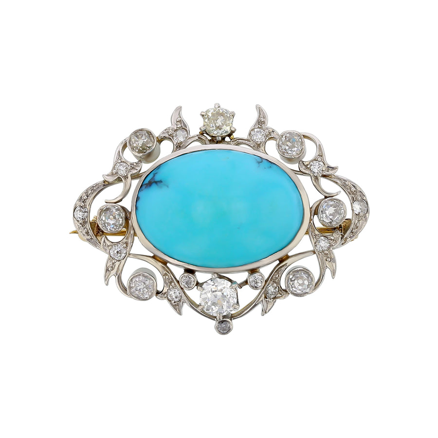Old European Cut Diamond and Cabochon Turquoise Brooch in Platinum and 14K Yellow Gold