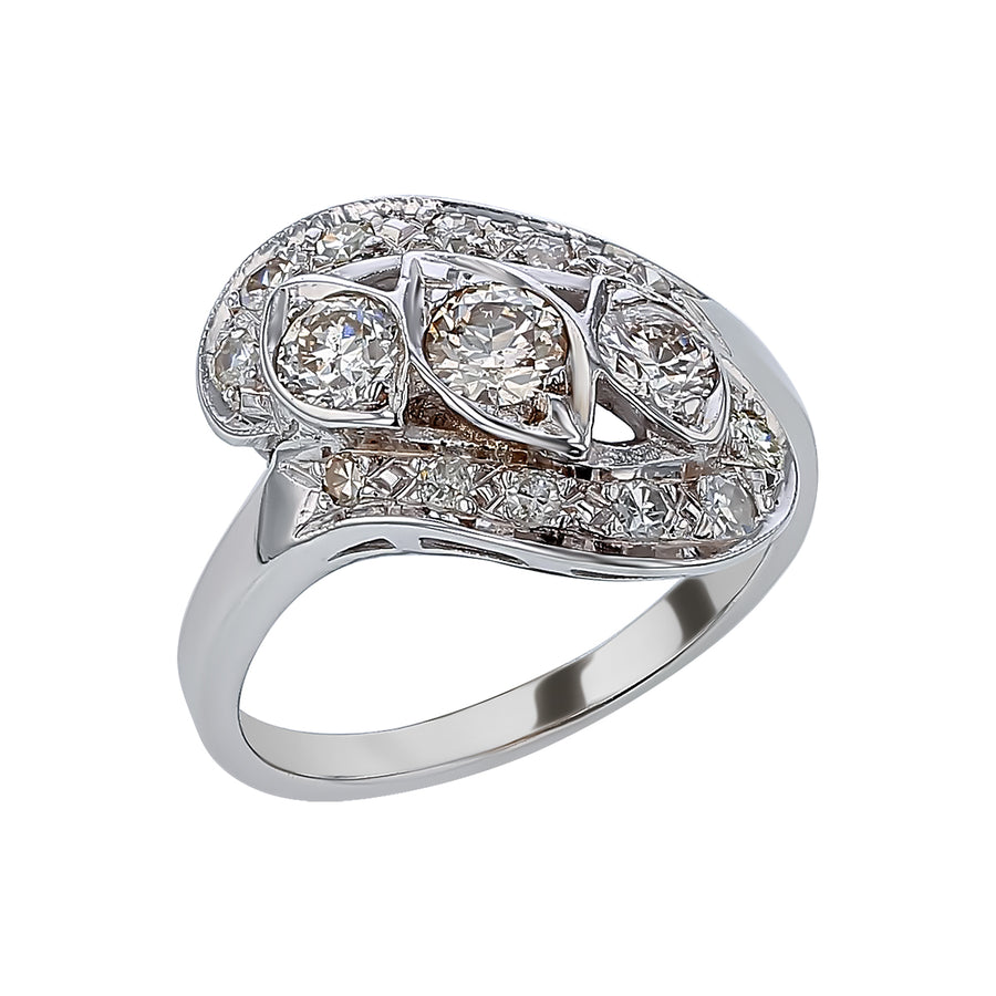 0.99ct Round and Single Diamond Vintage Bypass Ring in 14K White Gold, size 6.75