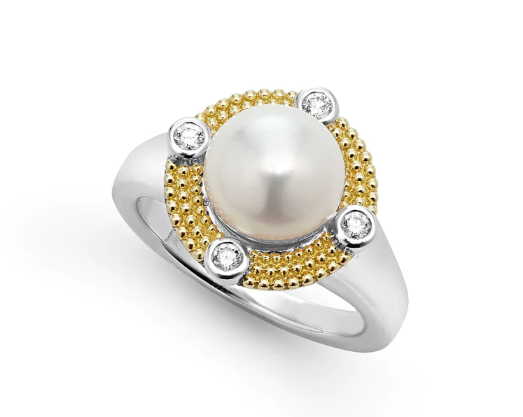 Luna 9mm Pearl and 0.13ct Diamond Ring in 18K Yellow Gold and Sterling Silver, size 7