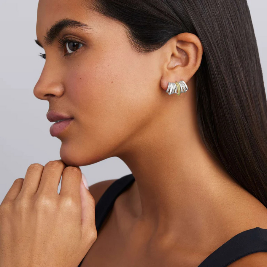 Caviar Lux Diamond Huggie Hoop Earrings in Sterling Silver and 18K Yellow Gold