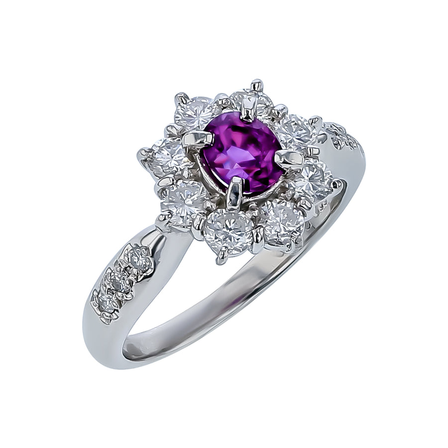 0.68ct Ruby and 0.80ct Diamond Halo Ring in Platinum, size 5.5