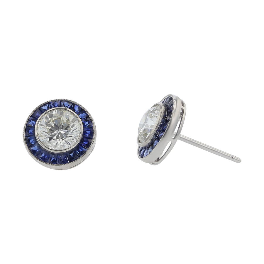 PLATINUM 2 ROUND DIAMONDS=2.02CTS AND 36 FRENCH CUT BLUE SAPPHIRES=1.23CTS HALO STUD EARRINGS