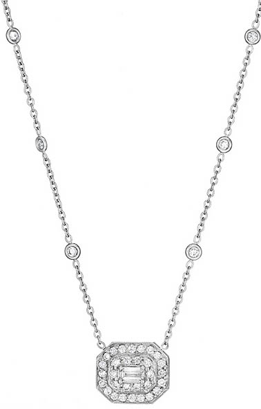 Emerald Cut and Round Diamond Art Deco Style Eyelet Necklace in 18K White Gold, 18in