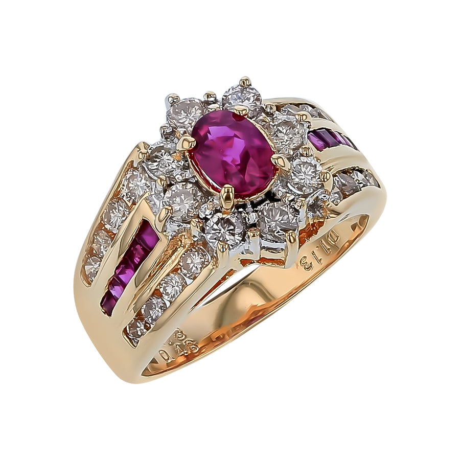 1.26ct Ruby and 1.13ct Diamond Halo Ring in 18K Yellow Gold, size 5.5