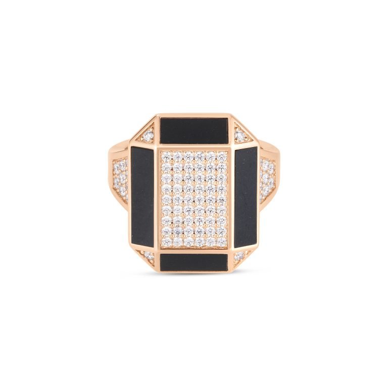 Art Deco 0.82ct Diamond and Black Jade Ring in 18K Rose Gold, size 6.5