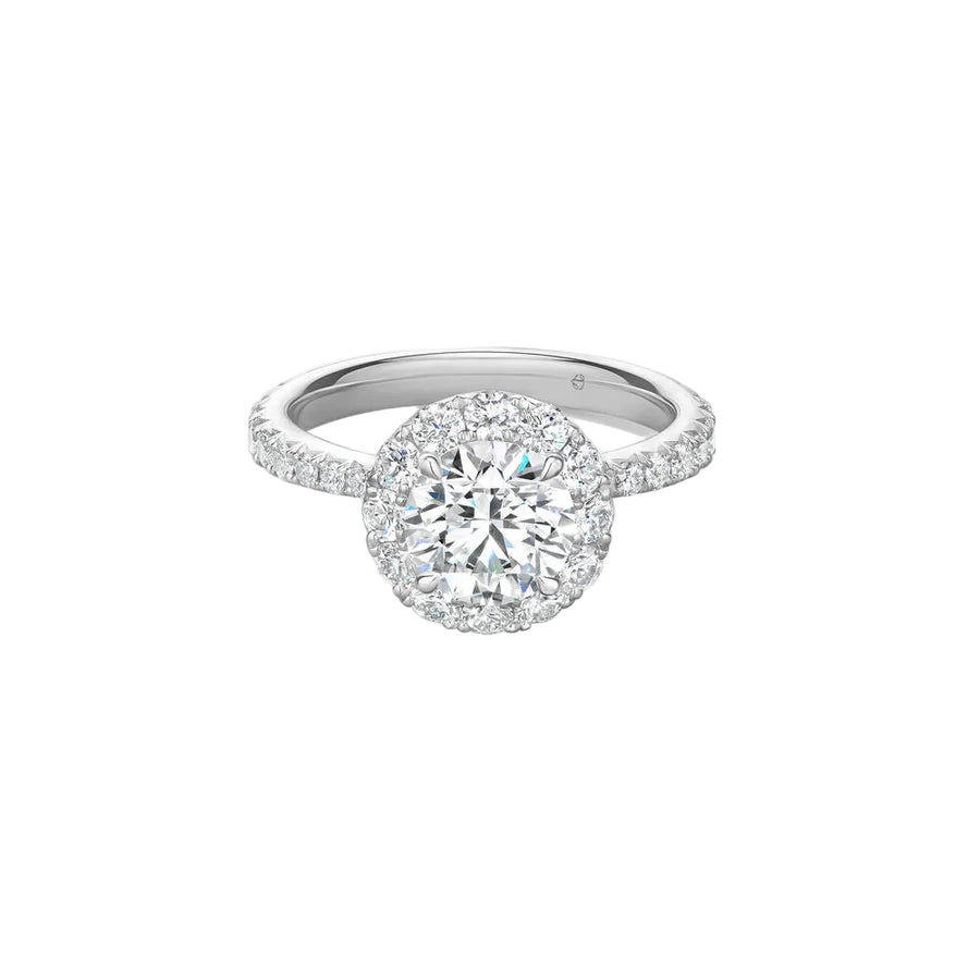 Vela 0.58ct Round Brilliant Diamond and 0.54ct Diamond Halo Ring in Platinum, size 6.5