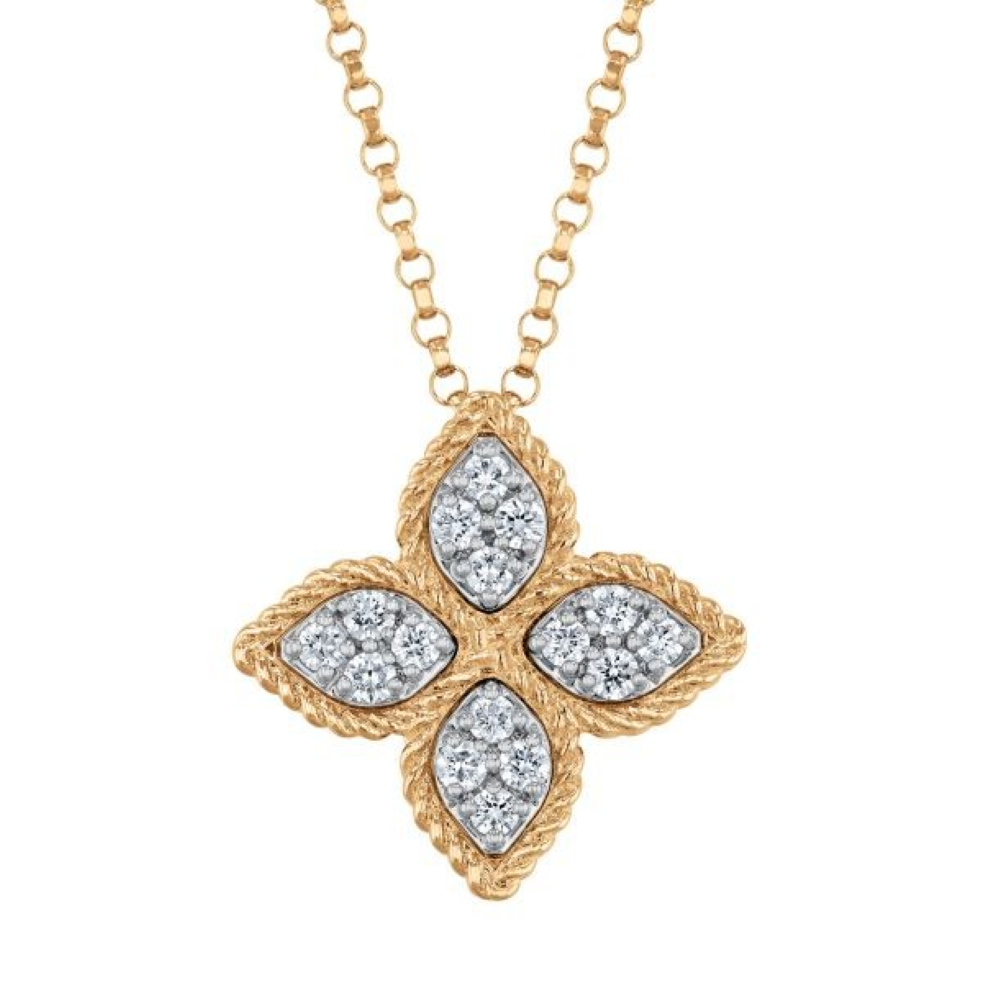 Princess Flower Round Diamond Pendant in 18K Yellow and White Gold, Adjustable Chain