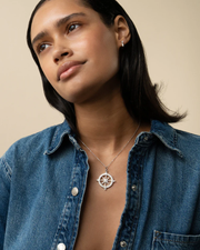 Compass 1.462ct White Sapphire, 0.33ct Rock Crystal Adventure Pendant in Sterling Silver, 16-18" chain