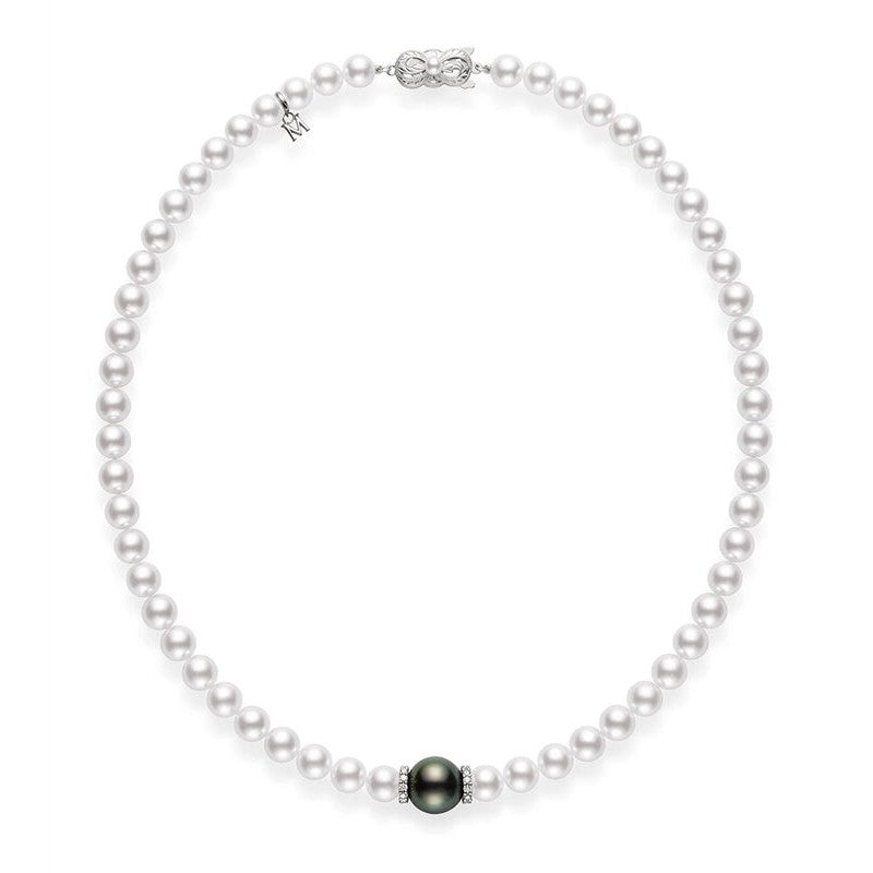 Fusion Akoya A+ Pearl, Black South Sea A+ Pearl and 0.30ct Diamond Station Necklace in 18K White Gold, 18"