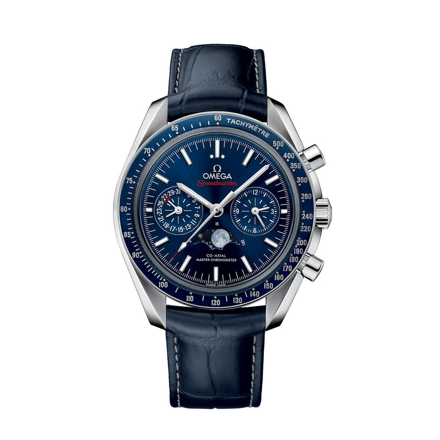 44.25mm Speedmaster Moonphase Watch with Blue Dial in Stainless Steel, Strap