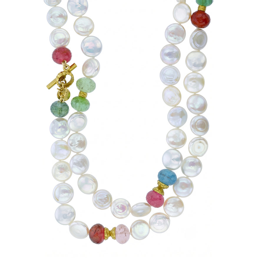 J. Bohan Flat Fresh Water Pearl and Colored Bead Necklace in 18K Yellow Gold, 36"