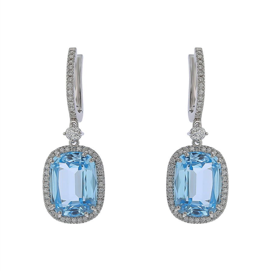 11.58ct Blue Topaz and 0.43ct Diamond Halo Drop Earrings in 18K White Gold