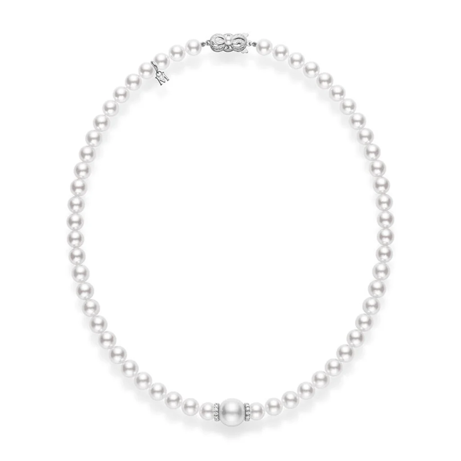 Fusion Akoya A+ Pearl, White South Sea A+ Pearl and 0.30ct Diamond Station Necklace in 18K White Gold, 18"