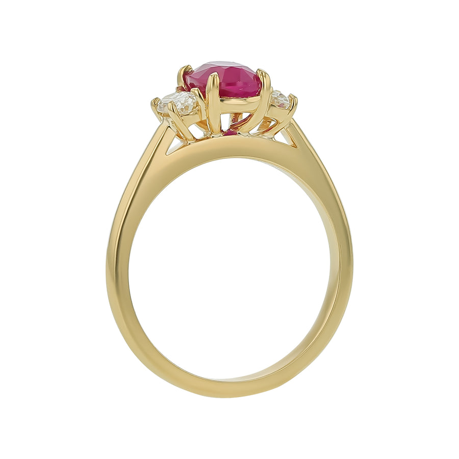 1.40ct Oval Burma Ruby and 0.38ct Diamond 3 Stone Ring in 18K Yellow Gold, size 6.5