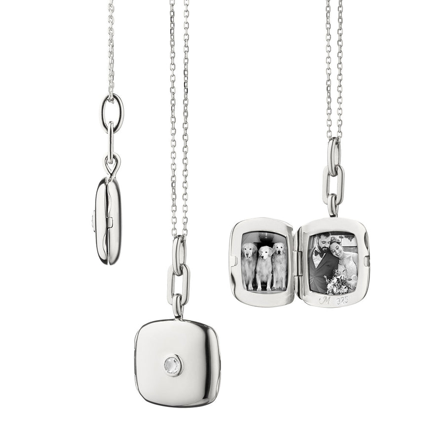 Slim 0.06ct White Sapphire Cushion Locket in Sterling Silver, 16-17" chain