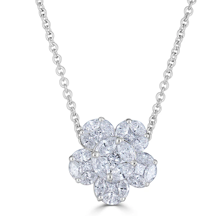 0.94ct Fancy Cut Diamond Illusion Flower Pendant in 18K White Gold, 17" chain