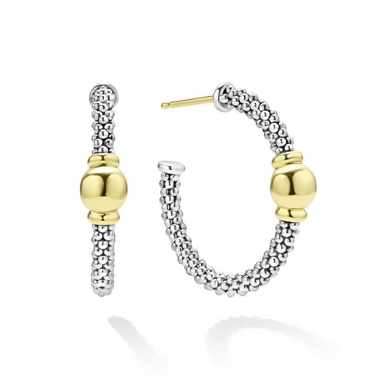 Caviar 25x5mm Circle Station Hoop Earrings in Sterling Silver and 18K Yellow Gold