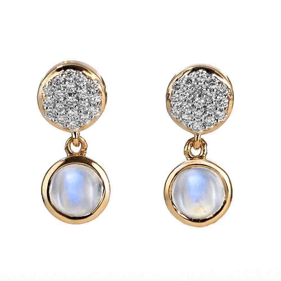 Moonstone and Diamond Drop Earrings in 18K Yellow Gold