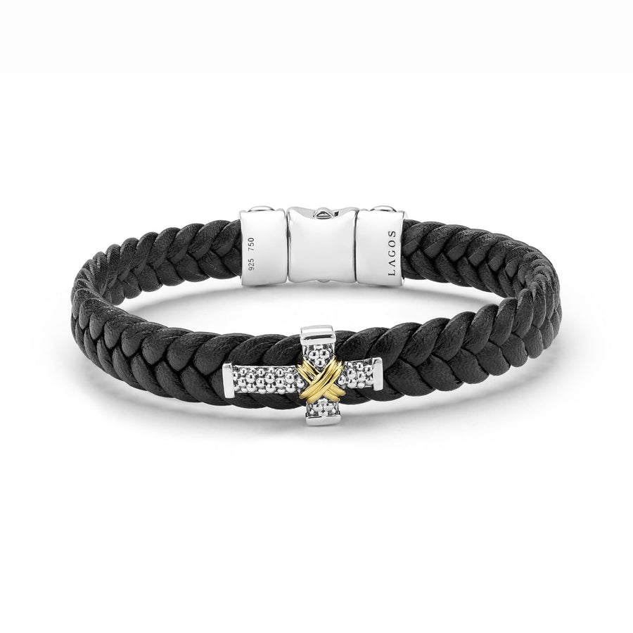 Anthem 10mm Braided Leather Cross Bracelet in Sterling Silver and 18K Yellow Gold, size medium