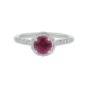 1.25ct 6mm Mozambique Round Ruby 0.20ct Diamond Halo Ring in 18K White Gold, Size 6.5