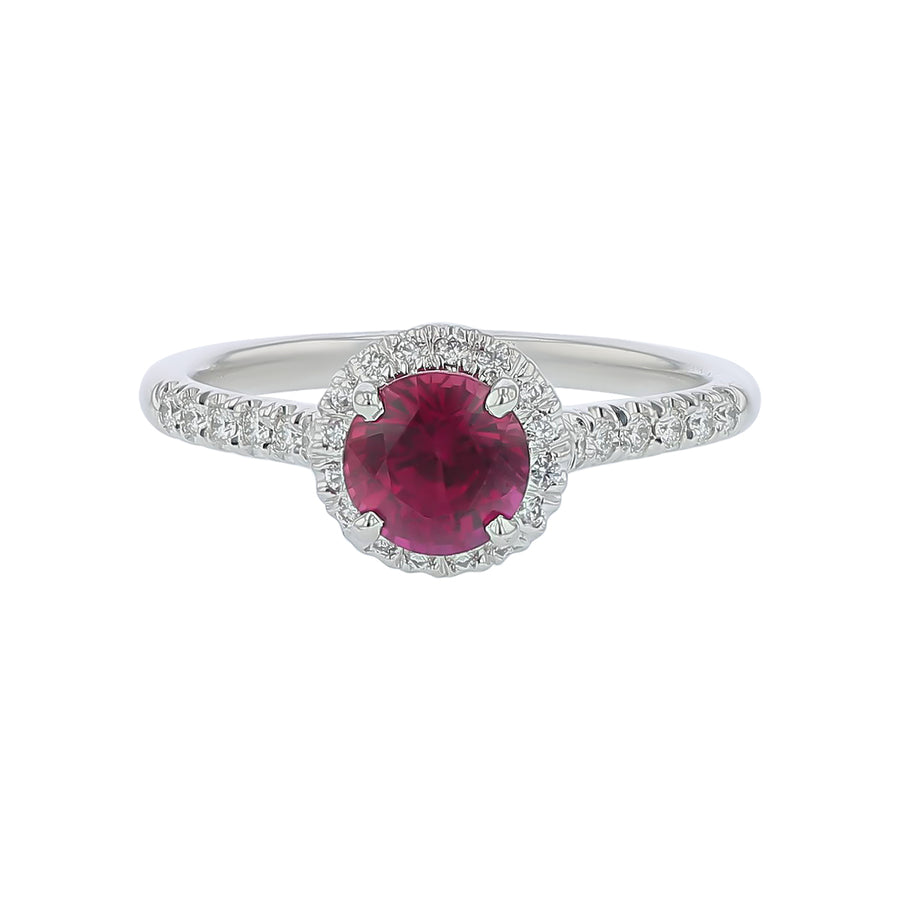 1.25ct 6mm Mozambique Round Ruby 0.20ct Diamond Halo Ring in 18K White Gold, Size 6.5
