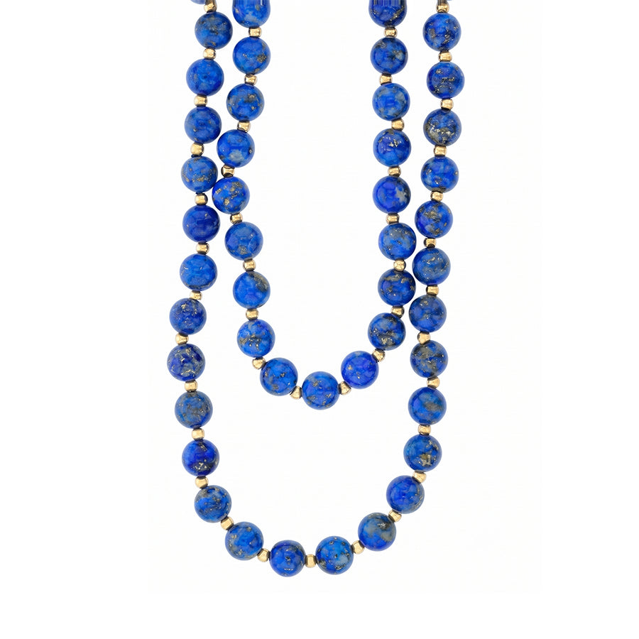 8mm Blue Lapis Bead and 3mm Gold Bead Necklace in 14K Yellow Gold, 26"
