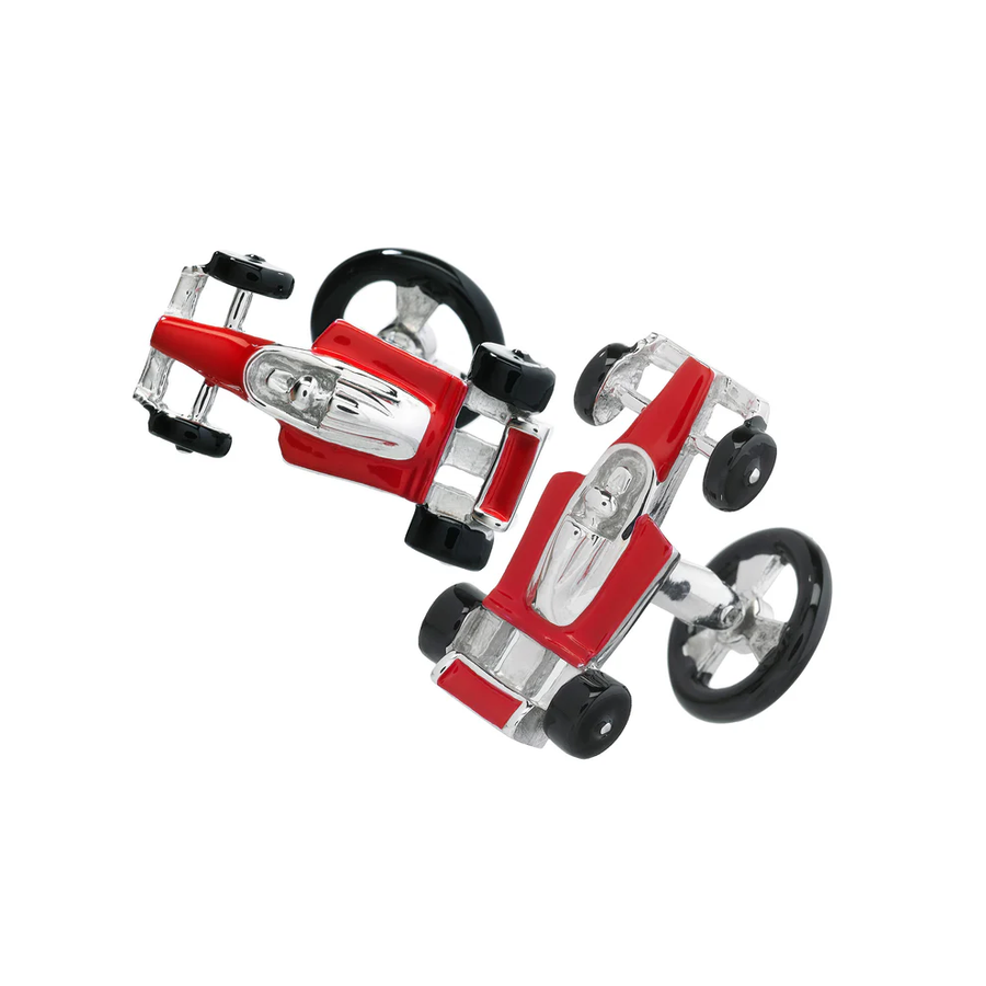 Formula One Race Car Cufflinks in Sterling Silver and Red Enamel