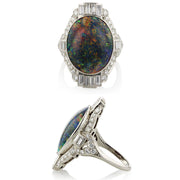 Oval Black Opal and Diamond Art Deco Ring in Platinum