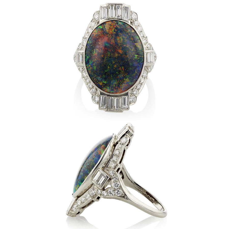 Oval Black Opal and Diamond Art Deco Ring in Platinum