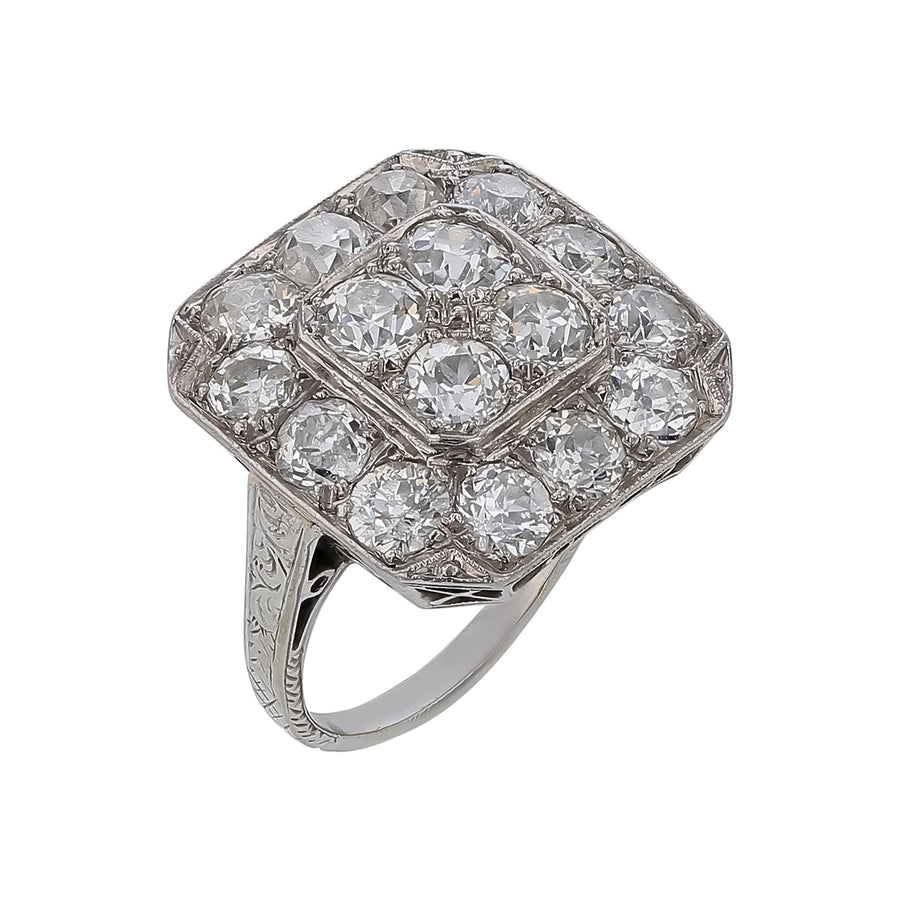 Art Deco 3.68ct Old European Cut Diamond Cluster Halo Ring in 18K White Gold, size 5.5