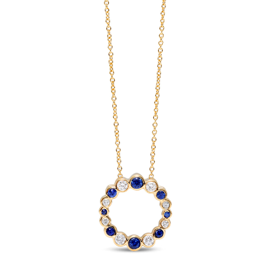 Bubbly Sapphire and Diamond Circle Pendant in 18K Yellow Gold, 18in