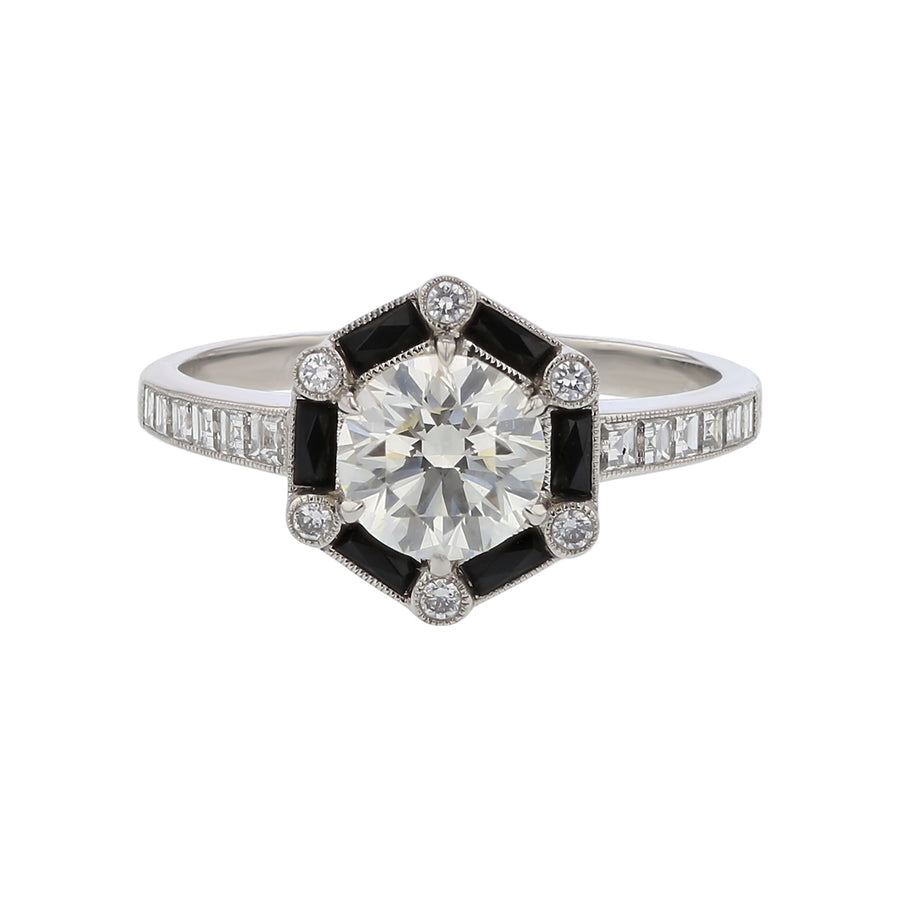 1.01ct Round Brilliant Diamond 0.32ct Diamond and 0.25ct Swiss Cut Onyx Ring in Platinum