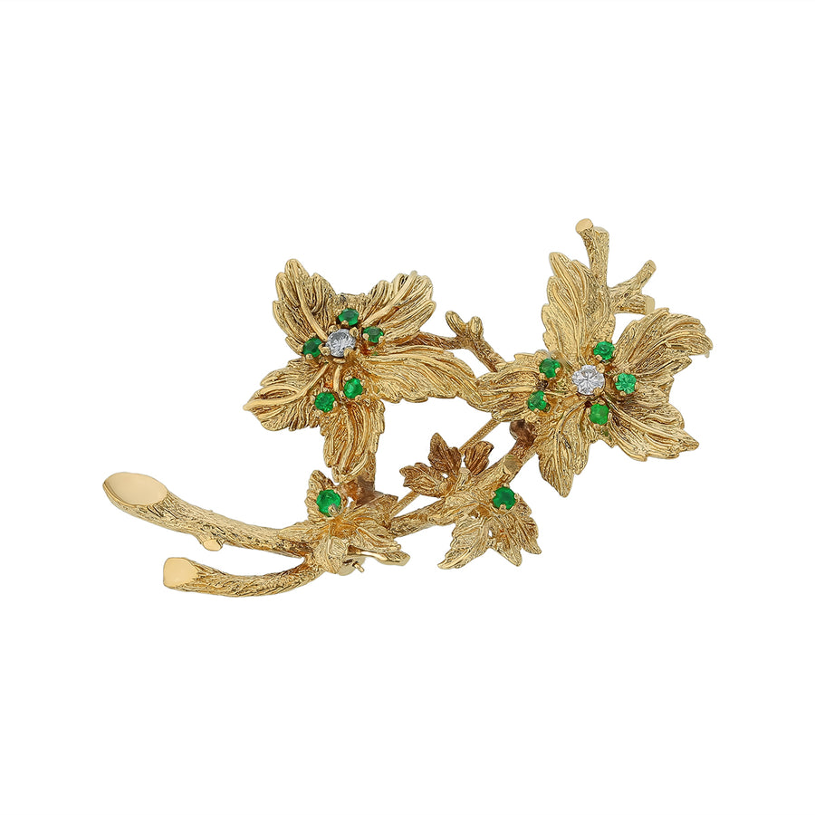 0.36ct Emerald and 0.20ct Full Cut Diamond Flower Pin in 18K Yellow Gold