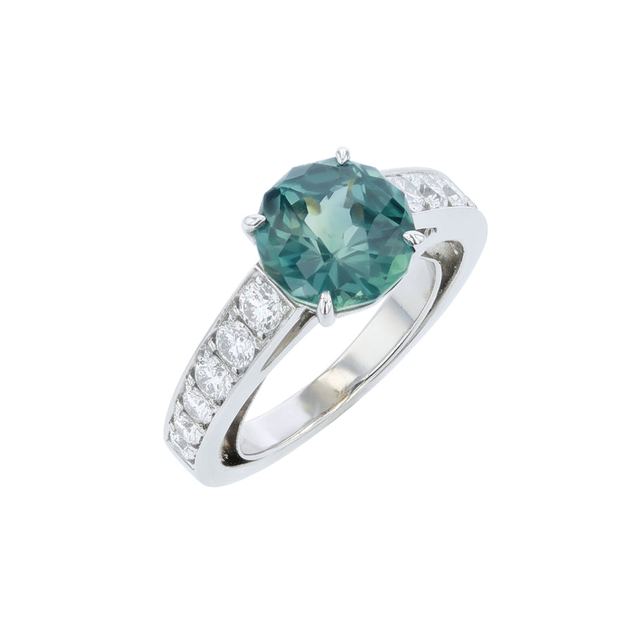 3.64ct Round Green- Blue Montanna Sapphire and 0.89ct Diamond Ring in Platinum, size 7