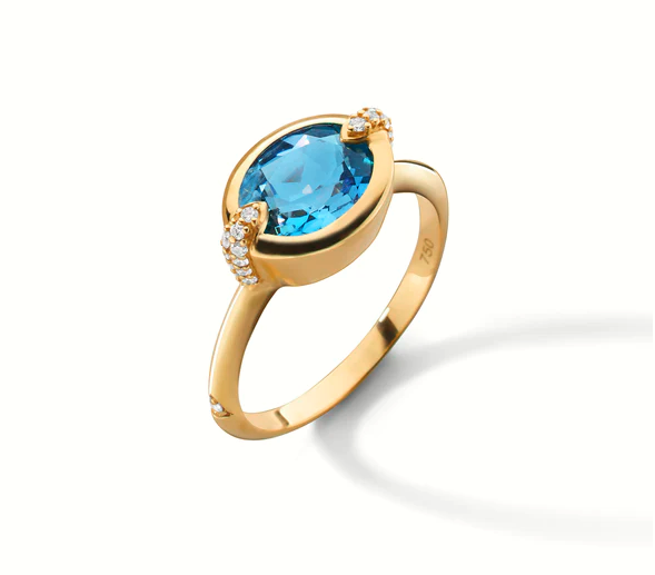 Points North 2.18ct London Blue Topaz and 0.11ct Diamond Ring in 18K Yellow Gold, Size 7