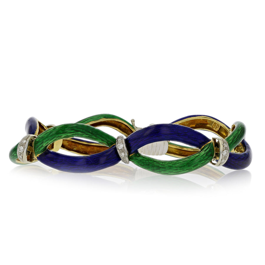 Blue and Green Enamel and Diamond Bracelet in 18K Yellow and White Gold