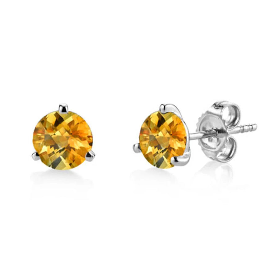 2.16ct 7mm Round Citrine (Heated) Martini 3 Prong Stud Earrings in 14K Yellow Gold