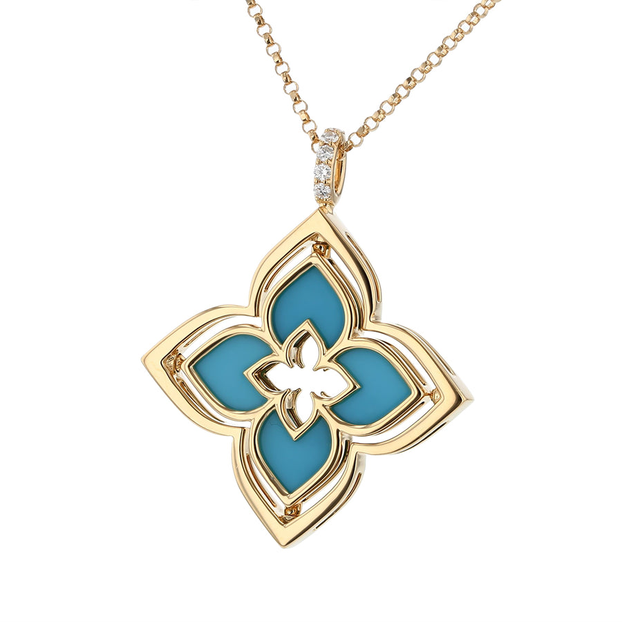 Venetian Princess Diamond and Turquoise Pirouette Pendant in 18K Yellow Gold, 17in