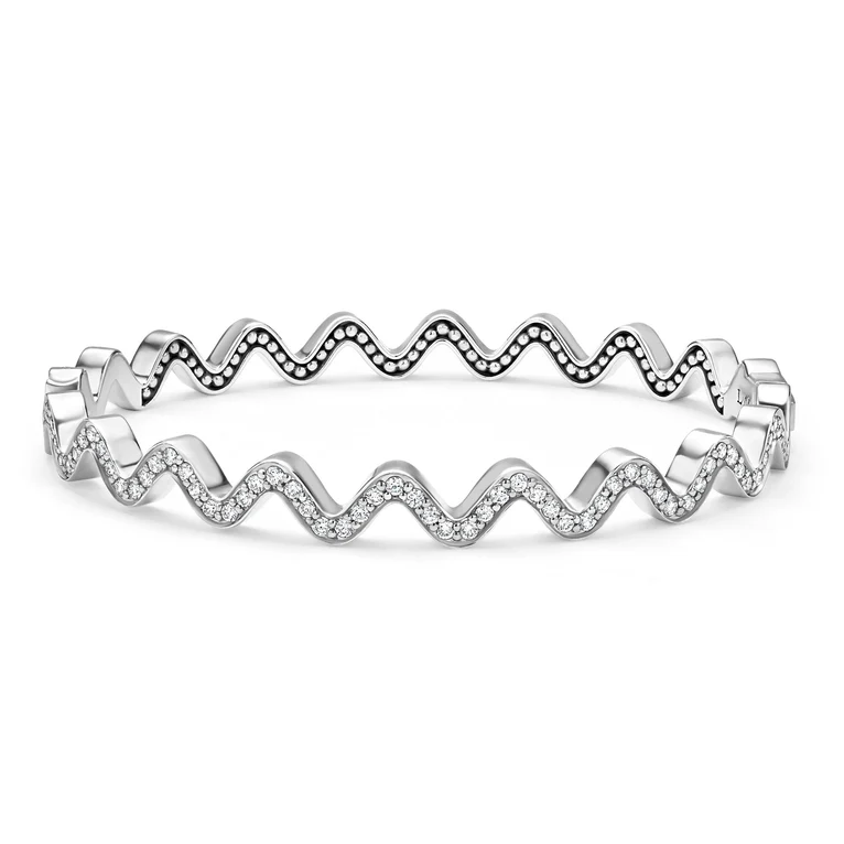 Caviar Spark 1.02ct Diamond Wave Hinged Bangle Bracelet in Sterling Silver, size 7