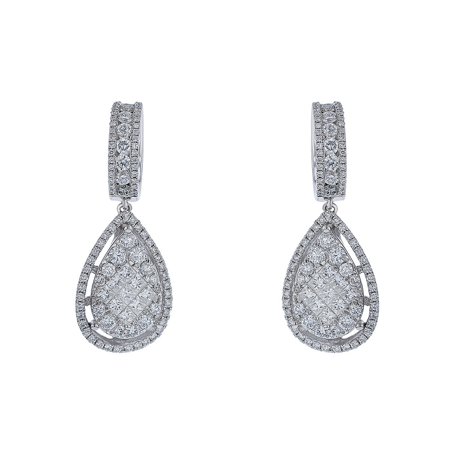 3.73ct Round and Princess Cut Diamond Drop Earrings in 14K White Gold