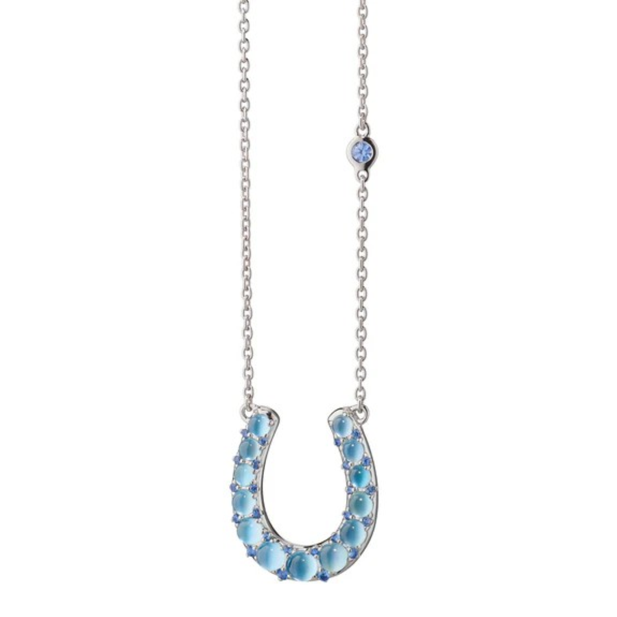 2.56ct Blue Sapphire, 2.29ct Blue Topaz and Mother of Pearl Horseshoe Pendant in Sterling Silver, 18" chain