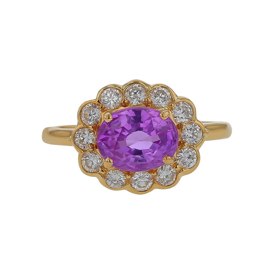 3.32ct Cushion Pink Sapphire 0.66ct Diamond Suna Halo Ring in 18k Yellow Gold