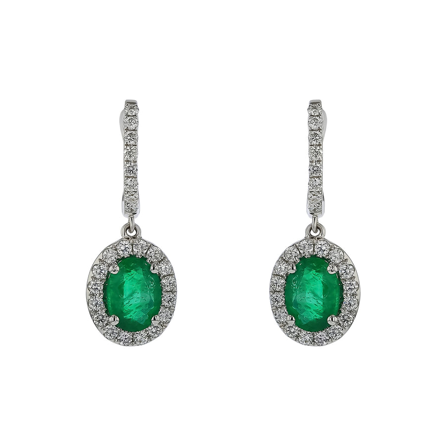 2.40ct Oval Emerald and 0.70ct Diamond Halo Drop Earrings in 14K White Gold