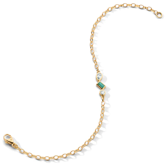 CE Tennis Bracelet 0.16ct Pear and Round Diamond and 0.12ct Baguette Emerald Bracelet in 18K Yellow Gold, 7"