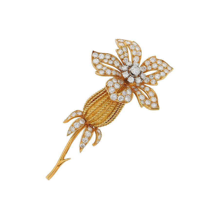 3.15ct French Cut Diamond Flower Brooch in 18K Yellow Gold