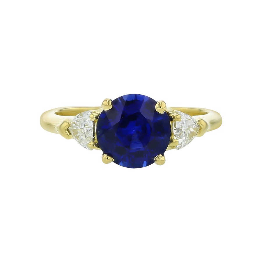 2.35ct Round Sri Lankan Sapphire 0.43ct Trillion Diamonds Ring in 18k Yellow Gold, Size 6