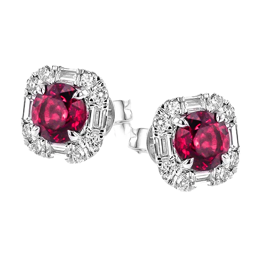 1.06ct Ruby and 0.54ct Diamond Halo Stud Earrings in 18K White Gold