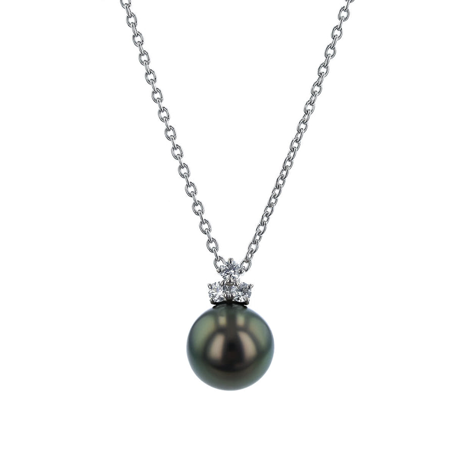 Classic 11mm A+ Black South Sea Pearl and 0.18ct Diamond Pendant in 18K White Gold, 18-20" chain