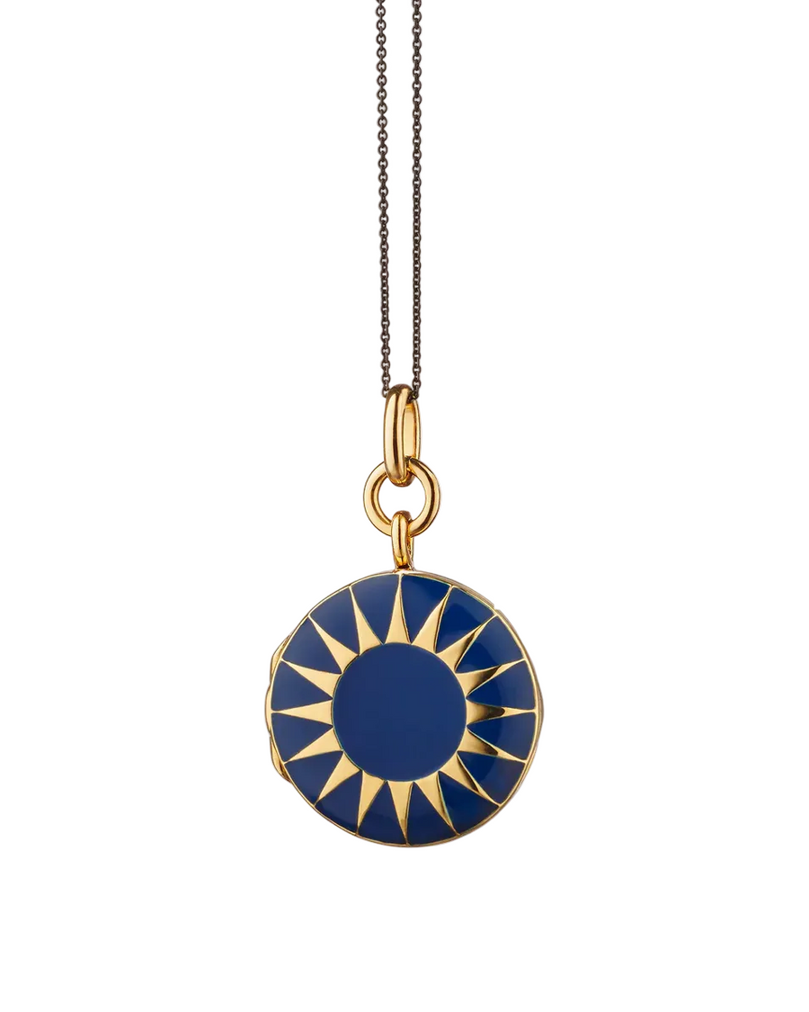 Locket X Color Round Sun Locket in 18K Gold Vermeil over Sterling Silver and Blue Enamel, 17" black steel chain